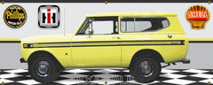1974 INTERNATIONAL IH SCOUT II SUNBURST YELLOW GARAGE SCENE SIDE VIEW BANNER SIGN CAR ART MURAL VARIOUS SIZES