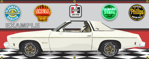 1975 OLDSMOBILE HURST OLDS CUTLASS W-25 CAMEO WHITE CAR GARAGE SCENE SIDE VIEW BANNER SIGN ART MURAL VARIOUS SIZES