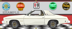 1975 OLDSMOBILE HURST OLDS CUTLASS W-25 CAMEO WHITE CAR GARAGE SCENE SIDE VIEW BANNER SIGN ART MURAL VARIOUS SIZES