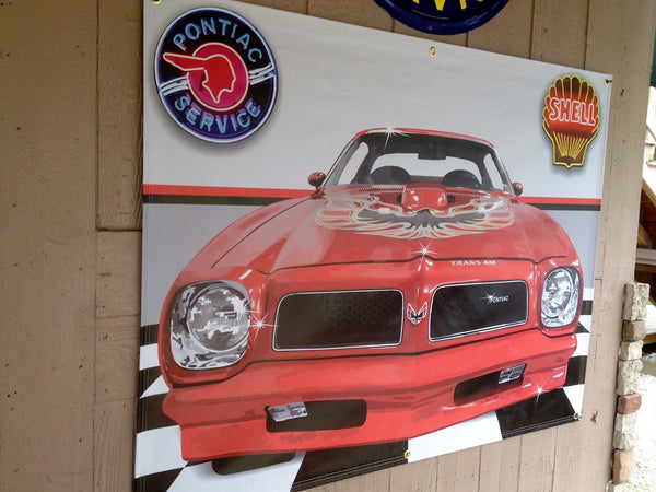 1976 Pontiac Trans Am RED GARAGE SCENE Neon Effect Sign Printed Banner 4' x 3'