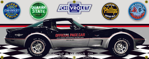 1978 CHEVROLET CORVETTE INDY 500 PACE CAR BLACK SILVER GARAGE SCENE SIDE VIEW BANNER SIGN ART MURAL VARIOUS SIZES