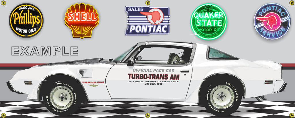 1980 PONTIAC TRANS AM TURBO INDY 500 PACE CAR WHITE GARAGE SCENE SIDE VIEW BANNER SIGN ART MURAL VARIOUS SIZES