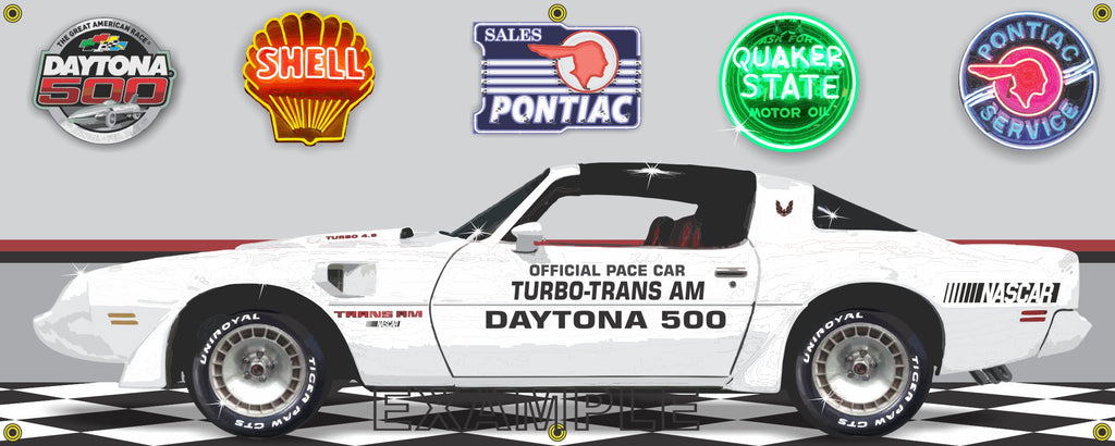 1981 PONTIAC TRANS AM TURBO DAYTONA 500 PACE CAR NASCAR WHITE GARAGE SCENE SIDE VIEW BANNER SIGN ART MURAL VARIOUS SIZES