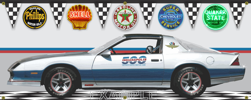 1982 CHEVROLET CAMARO Z28 INDY 500 PACE CAR GARAGE SCENE SIDE VIEW BANNER SIGN ART MURAL VARIOUS SIZES