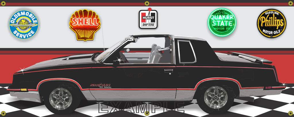 1983 OLDSMOBILE CUTLASS HURST OLDS 15TH ANNIVERSARY BLACK CAR GARAGE SCENE SIDE VIEW BANNER SIGN ART MURAL VARIOUS SIZES