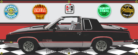 1983 OLDSMOBILE CUTLASS HURST OLDS 15TH ANNIVERSARY BLACK CAR GARAGE SCENE SIDE VIEW BANNER SIGN ART MURAL VARIOUS SIZES