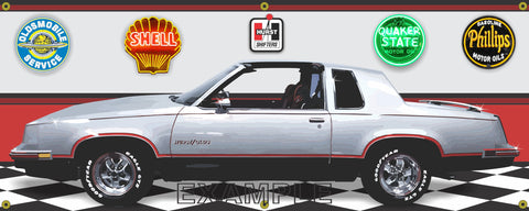 1984 OLDSMOBILE CUTLASS HURST OLDS SILVER CAR GARAGE SCENE SIDE VIEW BANNER SIGN ART MURAL VARIOUS SIZES