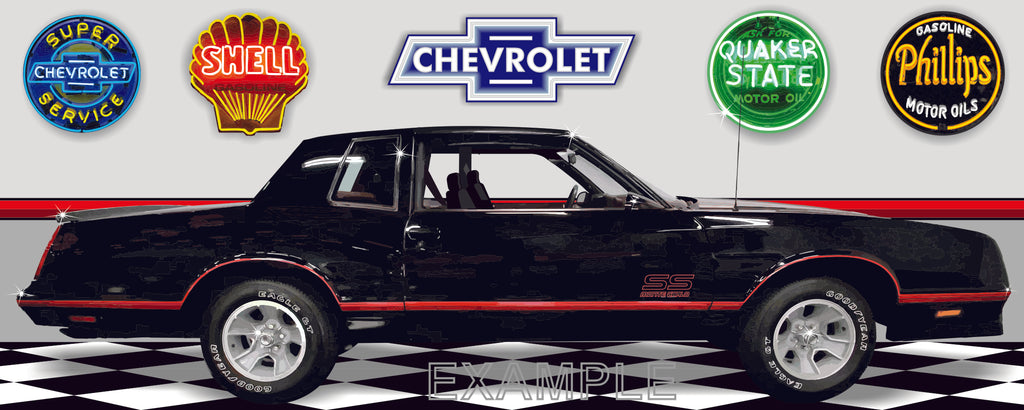 1987 CHEVROLET MONTE CARLO SS BLACK CAR GARAGE SCENE SIDE VIEW BANNER SIGN ART MURAL VARIOUS SIZES