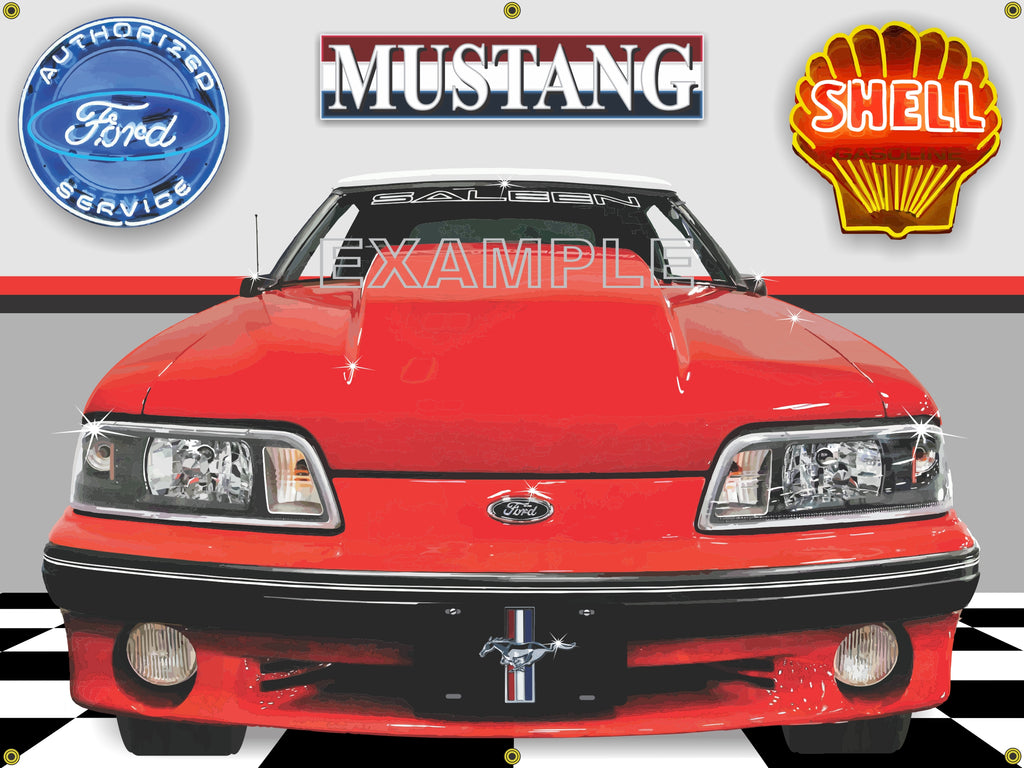 1987 FORD MUSTANG SALEEN RED CAR GARAGE SCENE SIDE VIEW BANNER SIGN CAR ART MURAL 4' X 3'