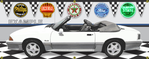 1988 FORD MUSTANG GT 5.0 CONVERTIBLE WHITE CAR GARAGE SCENE SIDE VIEW BANNER SIGN CAR ART MURAL VARIOUS SIZES