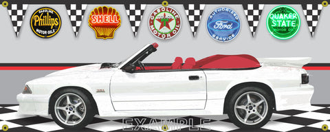1989 FORD MUSTANG WHITE CONVERTIBLE CAR GARAGE SCENE SIDE VIEW BANNER SIGN CAR ART MURAL VARIOUS SIZES