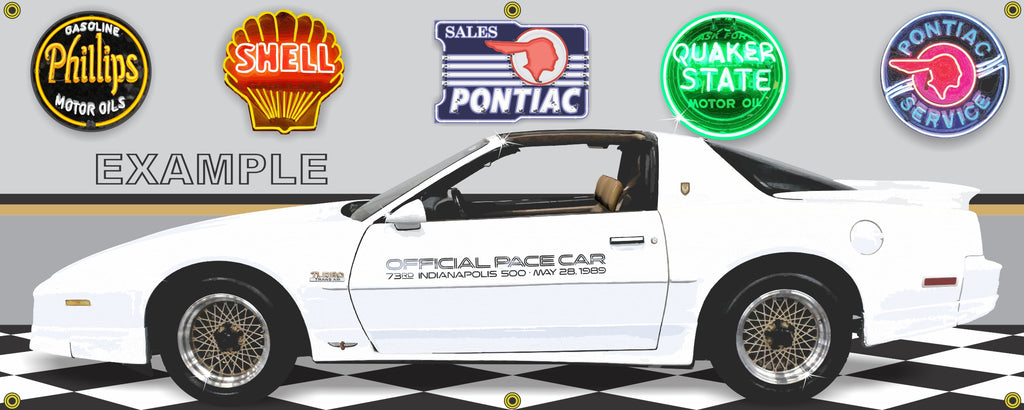 1989 PONTIAC TRANS AM 20TH ANNIVERSARY INDY 500 PACE CAR GARAGE SCENE SIDE VIEW BANNER SIGN ART MURAL VARIOUS SIZES