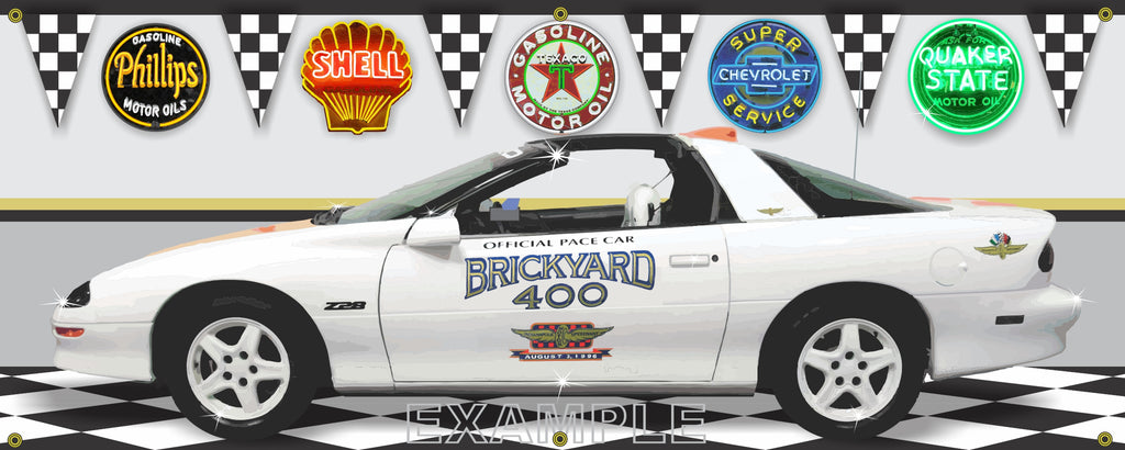 1995 CHEVROLET CAMARO BRICKYARD 400 PACE CAR WHITE ORANGE GARAGE SCENE SIDE VIEW BANNER SIGN ART MURAL VARIOUS SIZES