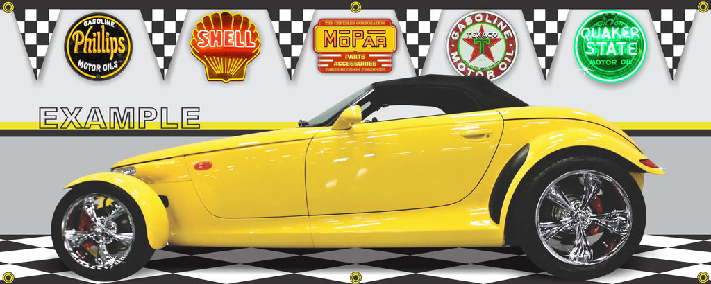 1999 PLYMOUTH PROWLER YELLOW CAR GARAGE SCENE SIDE VIEW BANNER SIGN ART MURAL VARIOUS SIZES