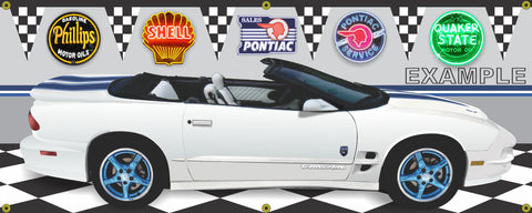1999 PONTIAC FIREBIRD TRANS AM 30TH ANNIVERSARY WHITE CONVERTIBLE CAR GARAGE SCENE SIDE VIEW BANNER SIGN ART MURAL VARIOUS SIZES