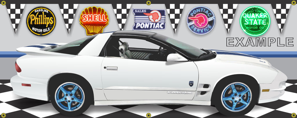 1999 PONTIAC FIREBIRD TRANS AM 30TH ANNIVERSARY WHITE T-TOPS CAR GARAGE SCENE SIDE VIEW BANNER SIGN ART MURAL VARIOUS SIZES