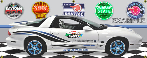 1999 PONTIAC FIREBIRD TRANS AM DAYTONA PACE CAR 30TH ANNIVERSARY WHITE CAR GARAGE SCENE SIDE VIEW BANNER SIGN ART MURAL VARIOUS SIZES
