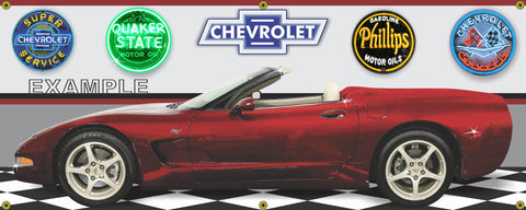 2003 CHEVROLET CORVETTE CONVERTIBLE 50TH ANNIVERSARY RED CAR GARAGE SCENE SIDE VIEW BANNER SIGN ART MURAL VARIOUS SIZES