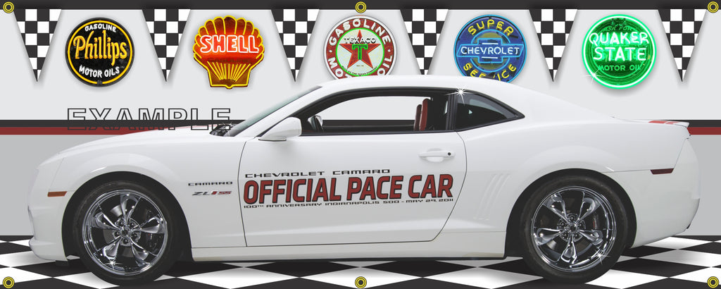 2011 Chevrolet Camaro SS ZL1 INDY 500 PACE CAR 100TH ANNIVERSARY WHITE CAR GARAGE SCENE SIDE VIEW BANNER SIGN ART MURAL VARIOUS SIZES