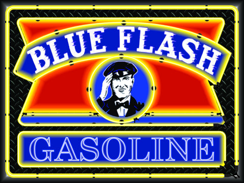 BLUE FLASH GASOLINE Neon Effect Sign Printed Banner 4' x 3'
