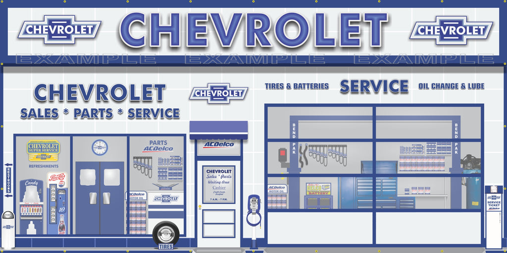 CHEVROLET AC DELCO SALES PARTS SERVICE DEALERSHIP RETRO SCENE WALL MURAL SIGN BANNER GARAGE ART VARIOUS SIZES