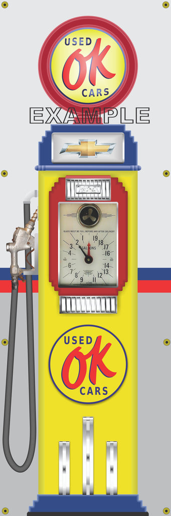 CHEVROLET OK USED CARS GASOLINE OLD CLOCK FACE GAS PUMP Sign Printed Banner VERTICAL 2' x 6'