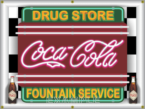 COKE COCA-COLA DRUGSTORE FOUNTAIN SERVICE Neon Effect Sign Printed Banner 4' x 3'
