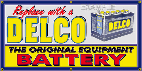 DELCO BATTERY GM AUTOMOTIVE REPAIR SERVICE VINTAGE OLD SCHOOL SIGN REMAKE BANNER SIGN ART MURAL 2' X 4'/3' X 6'