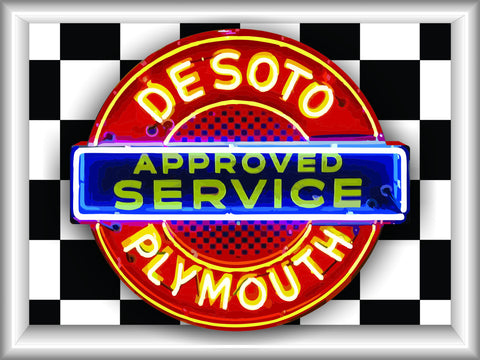 DESOTO PLYMOUTH APPROVED SERVICE Neon Effect Sign Printed Banner 4' x 3'