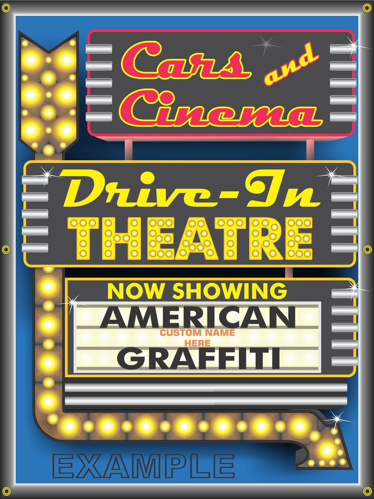CARS AND CINEMA MOVIE THEATER DRIVE-IN CAR MOVIE TITLES BANNER SIGN ART MURAL 3' X 4'