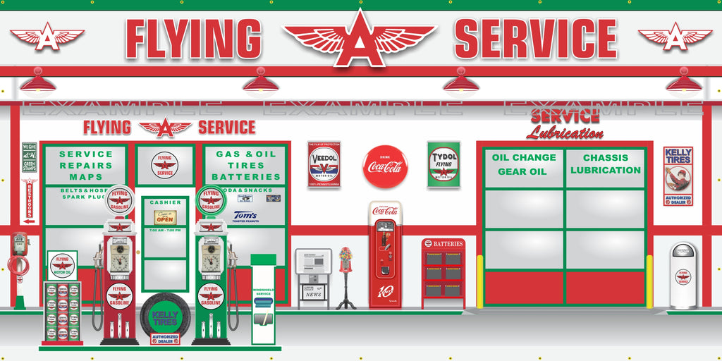 FLYING A SERVICE OLD GAS PUMP GAS STATION SCENE WALL MURAL SIGN BANNER GARAGE ART VARIOUS SIZES