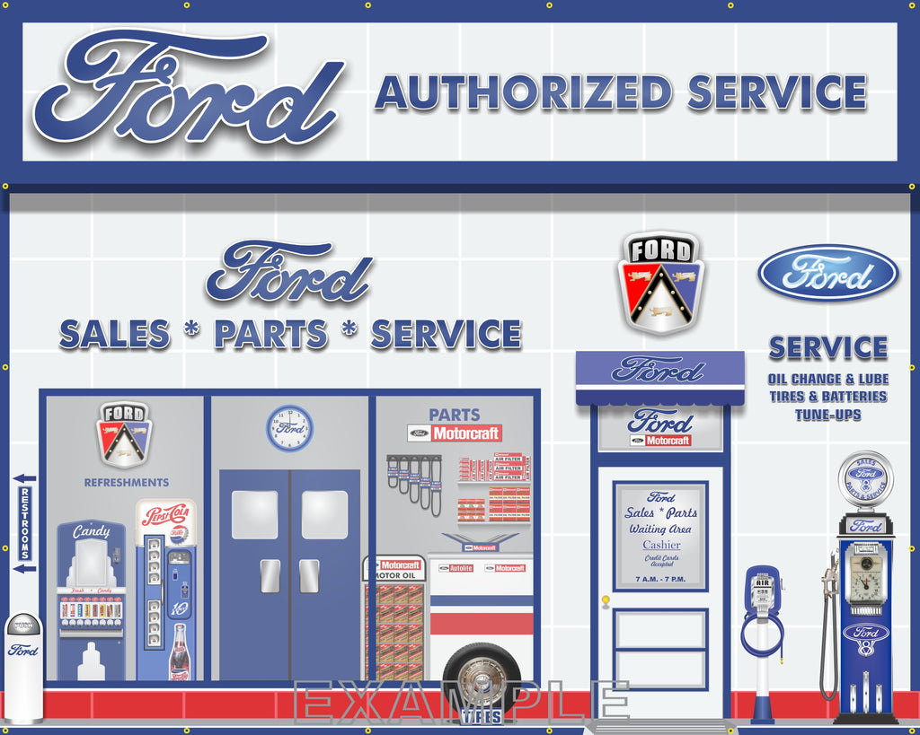 FORD MOTORCRAFT SALES PARTS SERVICE DEALERSHIP RETRO SCENE WALL MURAL SIGN BANNER GARAGE ART 8' X 10'