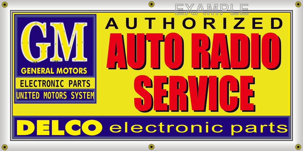 GM DELCO AUTO RADIO SERVICE DEALER AUTOMOTIVE REPAIR SERVICE VINTAGE OLD SCHOOL SIGN REMAKE BANNER SIGN ART MURAL 2' X 4'/3' X 6'
