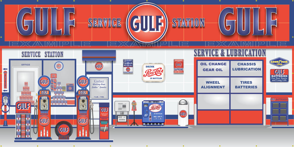 GULF RETRO OLD GAS PUMP GAS STATION SCENE WALL MURAL SIGN BANNER GARAGE ART VARIOUS SIZES