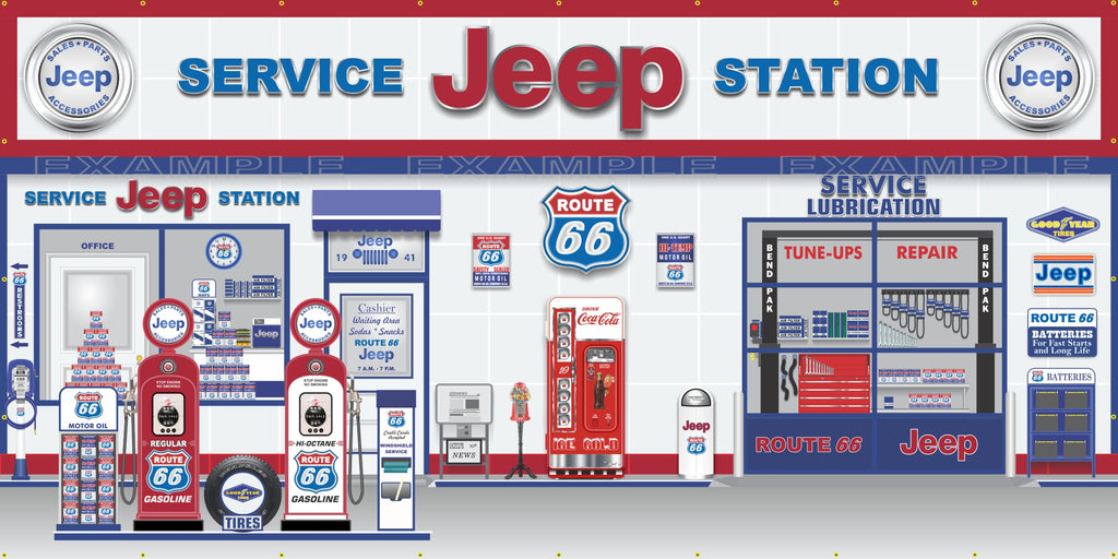 JEEP ROUTE 66 OLD GAS PUMP GAS STATION DEALER SERVICE SCENE WALL MURAL SIGN BANNER GARAGE ART VARIOUS SIZES