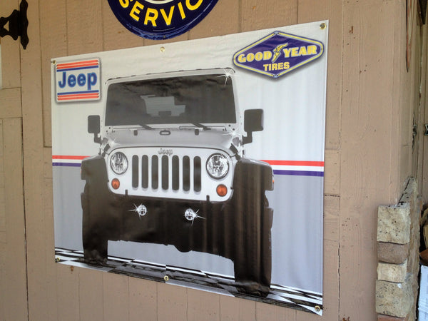 JEEP CJ WHITE/SILVER GARAGE SCENE Neon Effect Sign Printed Banner 4' x 3'