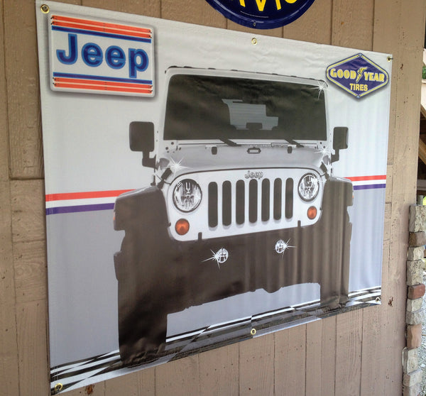 JEEP CJ WHITE/SILVER GARAGE SCENE Neon Effect Sign Printed Banner 4' x 3'