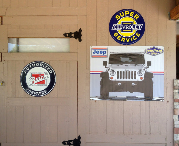 JEEP CJ WHITE/SILVER GARAGE SCENE Neon Effect Sign Printed Banner 4' x 3'