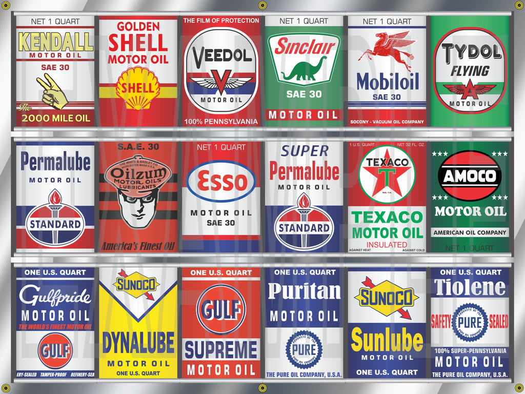 OIL CAN COLLECTION GAS STATION DISPLAY BANNER ART MURAL OPTION SIZE/DE – Revved-Up Banners oil-can-collection-gas-station-display-banner-art-mural-option-size-de-revved-up-banners
