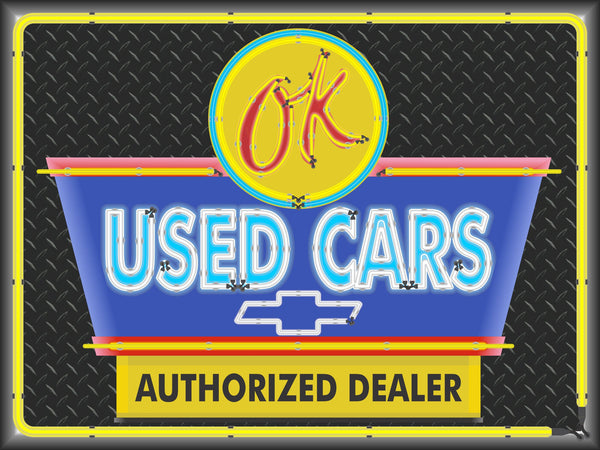 CHEVROLET OK USED CARS SALES AUTHORIZED DEALER OLD REMAKE MARQUEE Neon Effect Sign Printed Banner 4' x 3'