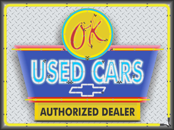 CHEVROLET OK USED CARS SALES AUTHORIZED DEALER OLD REMAKE MARQUEE Neon Effect Sign Printed Banner 4' x 3'