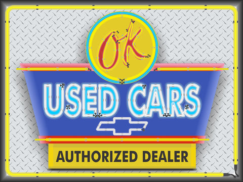 CHEVROLET OK USED CARS SALES AUTHORIZED DEALER OLD REMAKE MARQUEE Neon Effect Sign Printed Banner 4' x 3'
