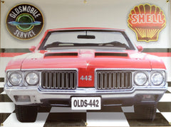 OLDS 442 RED GARAGE SCENE Neon Effect Sign Printed Banner 4' x 3'