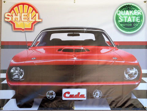 1970 PLYMOUTH CUDA TOR-RED GARAGE SCENE BANNER SIGN ART MURAL 4' x 3'