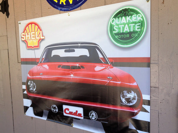 1970 PLYMOUTH CUDA TOR-RED GARAGE SCENE BANNER SIGN ART MURAL 4' x 3'
