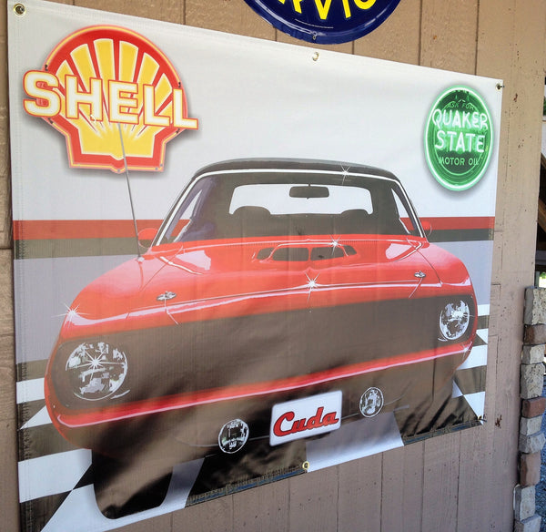 1970 PLYMOUTH CUDA TOR-RED GARAGE SCENE BANNER SIGN ART MURAL 4' x 3'