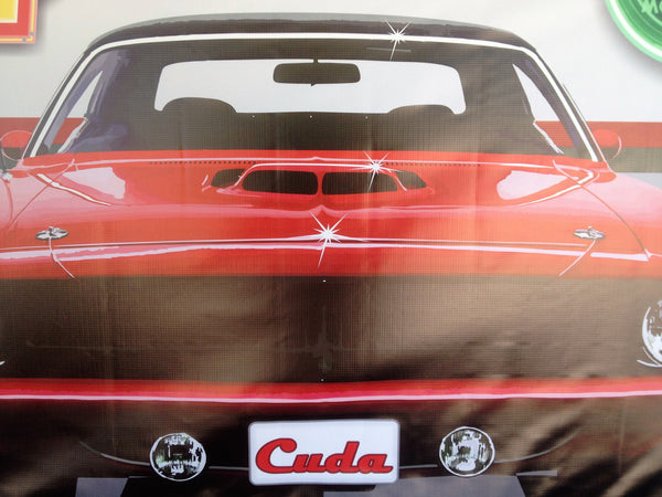 1970 PLYMOUTH CUDA TOR-RED GARAGE SCENE BANNER SIGN ART MURAL 4' x 3'
