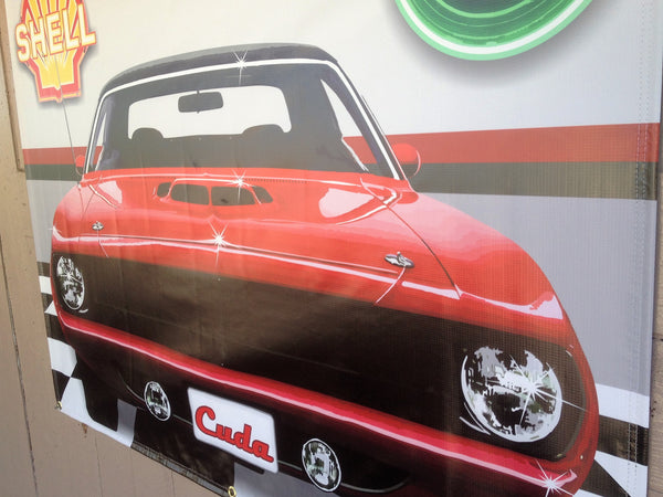 1970 PLYMOUTH CUDA TOR-RED GARAGE SCENE BANNER SIGN ART MURAL 4' x 3'