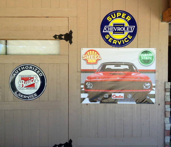 1970 PLYMOUTH CUDA TOR-RED GARAGE SCENE BANNER SIGN ART MURAL 4' x 3'