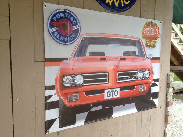 PONTIAC GTO RED GARAGE SCENE Neon Effect Sign Printed Banner 4' x 3'